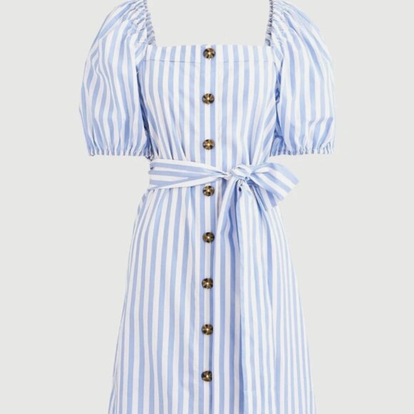 NEW J Crew French Cottage Blue White Dress Striped Puff Sleeve Midi XS - Picture 1 of 6